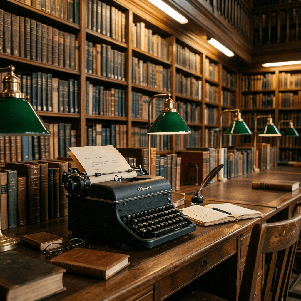 Classic black typewriter on wooden desk with books and green desk lamps